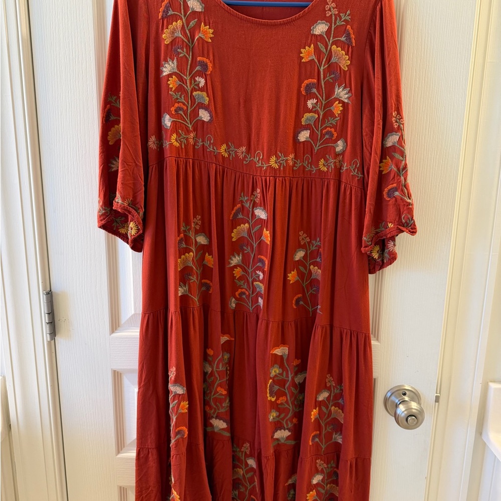 Roolee Rust Embroidered Floral Tiered Maxi Dress